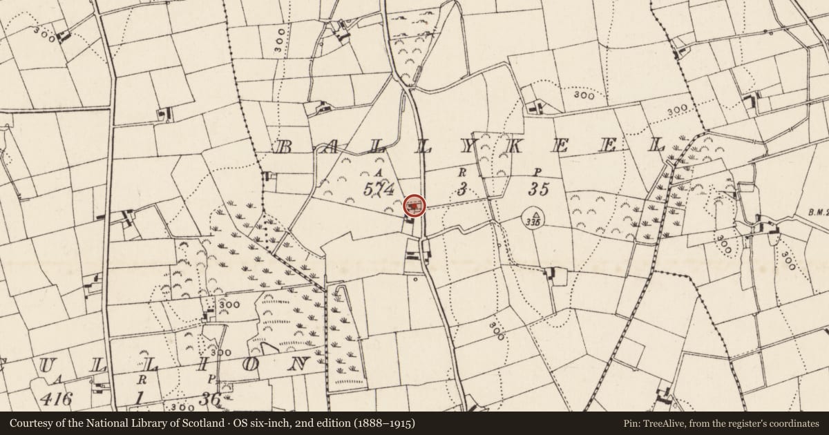 Ordnance Survey six-inch map, 2nd edition (1888–1915) covering the location of 37 Ballykeel Road, Newry, Mourne and Down, with a pin at the register's coordinates