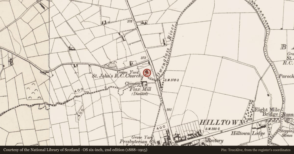 Ordnance Survey six-inch map, 2nd edition (1888–1915) covering the location of St John's RC Church, Ballygorian Beg, Newry, Mourne and Down, with a pin at the register's coordinates