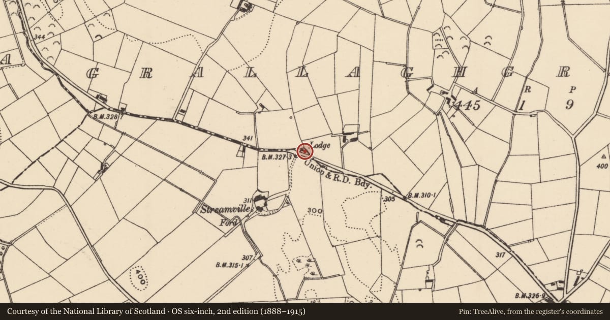 Ordnance Survey six-inch map, 2nd edition (1888–1915) covering the location of 61 Loughbrickland Road, Tullyquilly, Newry, Mourne and Down, with a pin at the register's coordinates