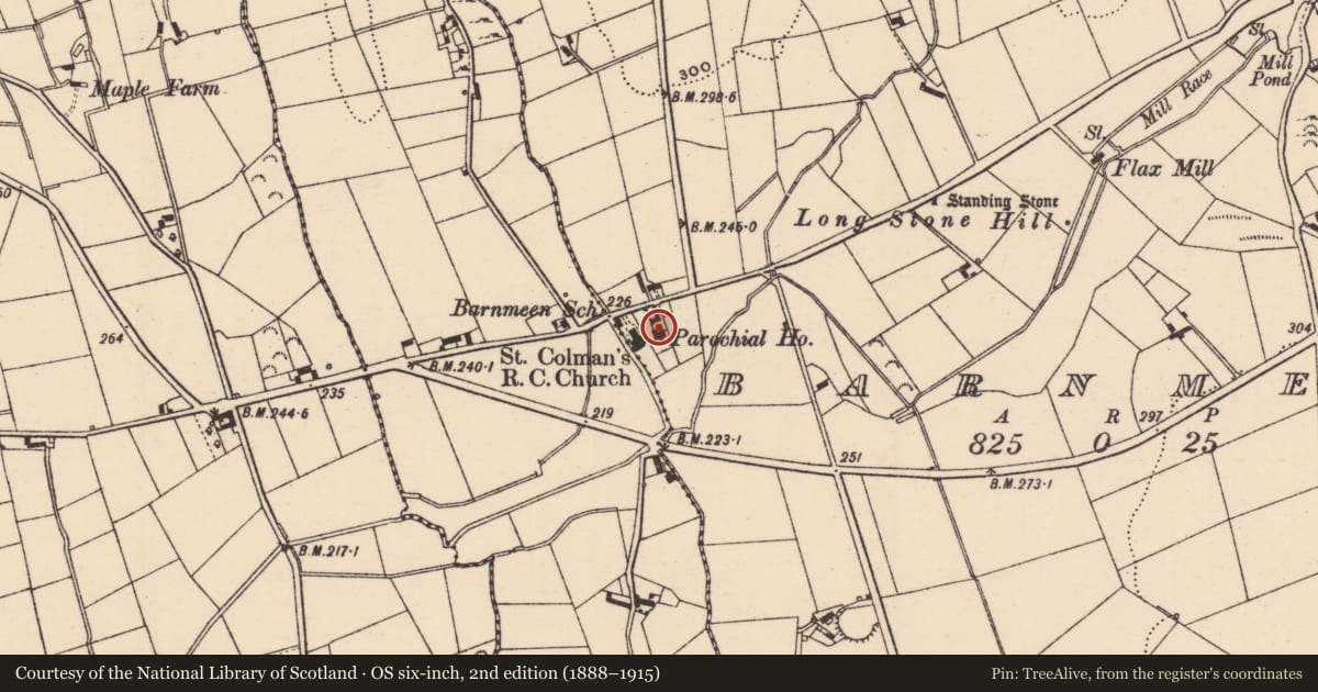 Ordnance Survey six-inch map, 2nd edition (1888–1915) covering the location of Bell Tower, Barnmeen, Newry, Mourne and Down, with a pin at the register's coordinates
