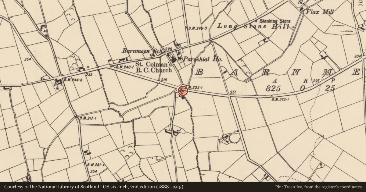 Ordnance Survey six-inch map, 2nd edition (1888–1915) covering the location of 90 Newry Road, Drumgreenagh, Newry, Mourne and Down, with a pin at the register's coordinates