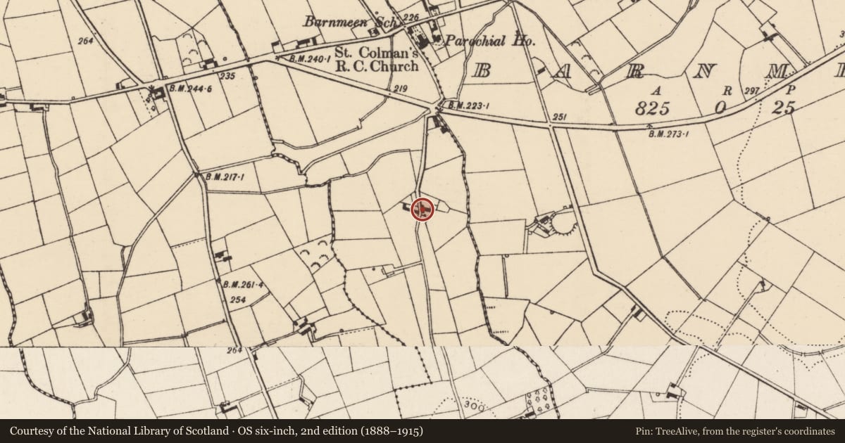 Ordnance Survey six-inch map, 2nd edition (1888–1915) covering the location of 5 Greenhill Road, Drumgreenagh, Newry, Mourne and Down, with a pin at the register's coordinates
