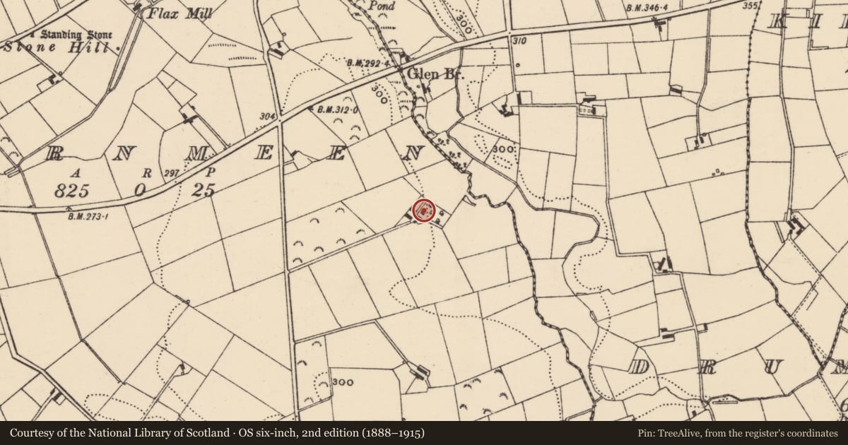 Ordnance Survey six-inch map, 2nd edition (1888–1915) covering the location of Glen House, Barnmeen, Newry, Mourne and Down, with a pin at the register's coordinates
