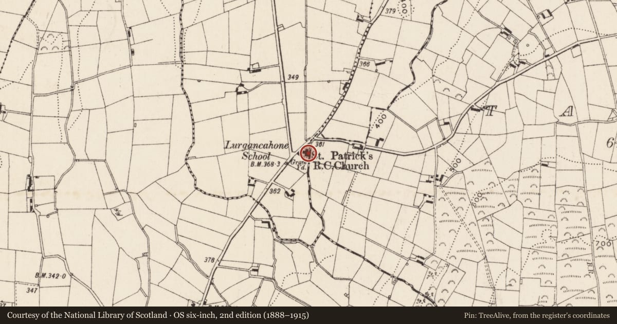 Ordnance Survey six-inch map, 2nd edition (1888–1915) covering the location of St Patricks RC Church, Lurgancahone, Newry, Mourne and Down, with a pin at the register's coordinates