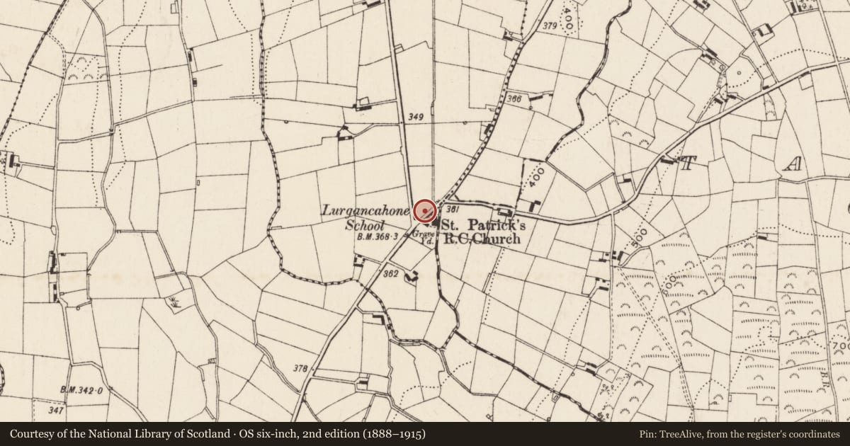 Ordnance Survey six-inch map, 2nd edition (1888–1915) covering the location of Ball Alley Pavillion, Lurgancahone, Newry, Mourne and Down, with a pin at the register's coordinates