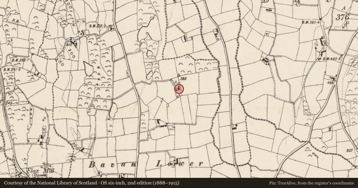 Ordnance Survey six-inch map, 2nd edition (1888–1915) covering the location of 15 Cullion Road, Bavan, Newry, Mourne and Down, with a pin at the register's coordinates
