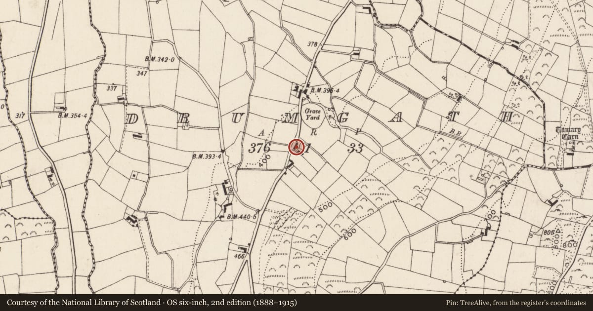 Ordnance Survey six-inch map, 2nd edition (1888–1915) covering the location of 72 Drumlough Road, Drumgath, Newry, Mourne and Down, with a pin at the register's coordinates