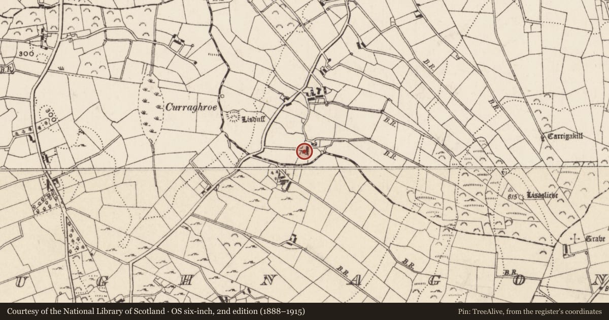 Ordnance Survey six-inch map, 2nd edition (1888–1915) covering the location of 28 Edenmore Road, Aughnagon, Newry, Mourne and Down, with a pin at the register's coordinates