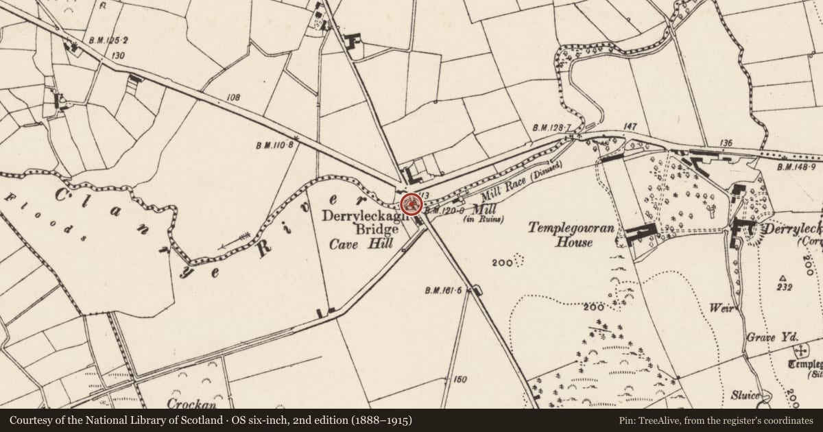 Ordnance Survey six-inch map, 2nd edition (1888–1915) covering the location of Derryleckagh Bridge, Derryleckagh/Crobane, Newry, Mourne and Down, with a pin at the register's coordinates