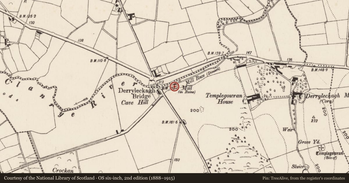 Ordnance Survey six-inch map, 2nd edition (1888–1915) covering the location of Mill, Derryleckagh, Newry, Mourne and Down, with a pin at the register's coordinates