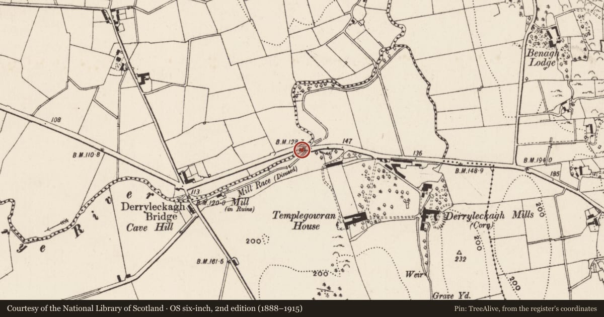 Ordnance Survey six-inch map, 2nd edition (1888–1915) covering the location of Bridge over Clanrye River, Crobane/Derrylackagh, Newry, Mourne and Down, with a pin at the register's coordinates