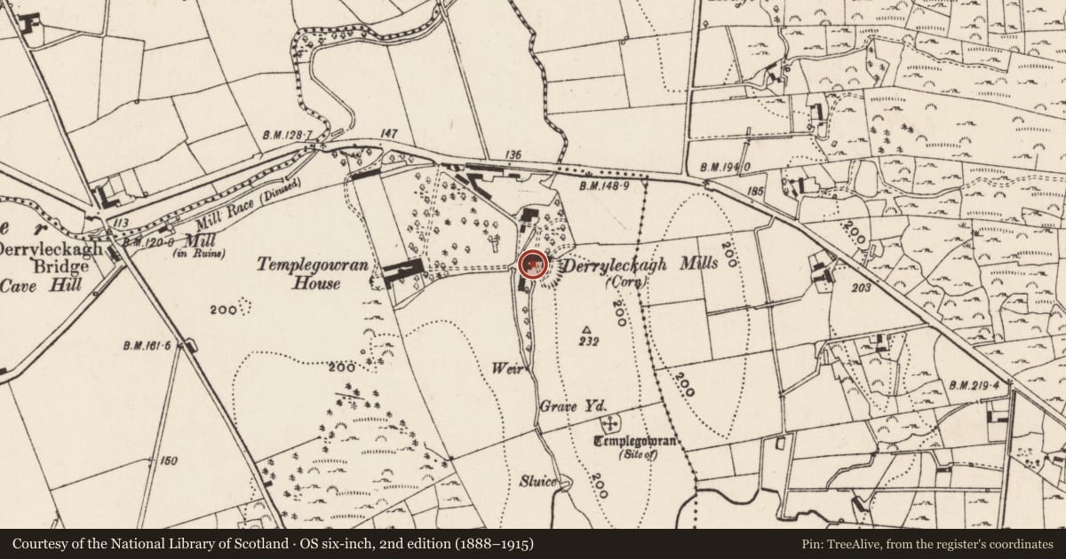 Ordnance Survey six-inch map, 2nd edition (1888–1915) covering the location of Derryleckagh Mills, Newry, Mourne and Down, with a pin at the register's coordinates