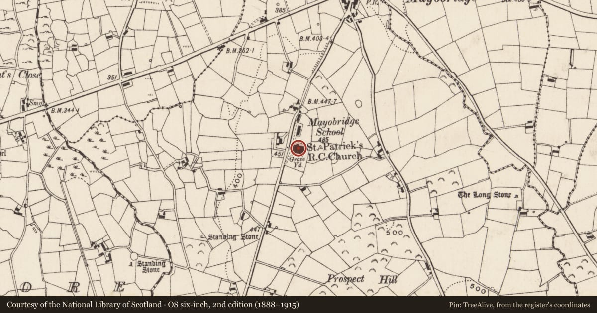 Ordnance Survey six-inch map, 2nd edition (1888–1915) covering the location of St Patricks RC Church, Mayo, Newry, Mourne and Down, with a pin at the register's coordinates