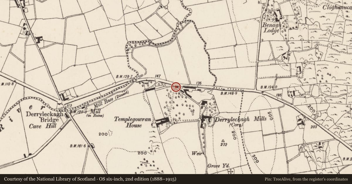 Ordnance Survey six-inch map, 2nd edition (1888–1915) covering the location of 39 Hilltown Road, Derryleckagh, Newry, Mourne and Down, with a pin at the register's coordinates