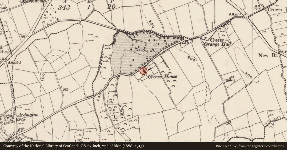 Ordnance Survey six-inch map, 2nd edition (1888–1915) covering the location of Crieve House, Creeve, Newry, Mourne and Down, with a pin at the register's coordinates