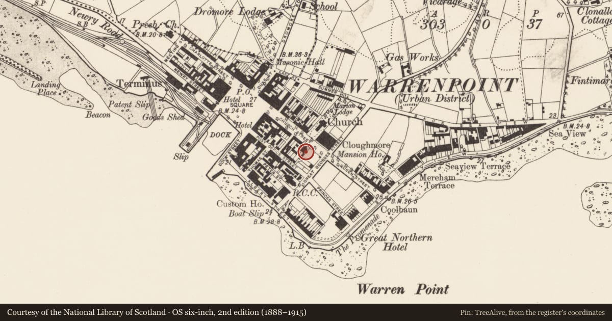 Ordnance Survey six-inch map, 2nd edition (1888–1915) covering the location of Coke Memorial Methodist Church, Ringmackilroy, Newry, Mourne and Down, with a pin at the register's coordinates