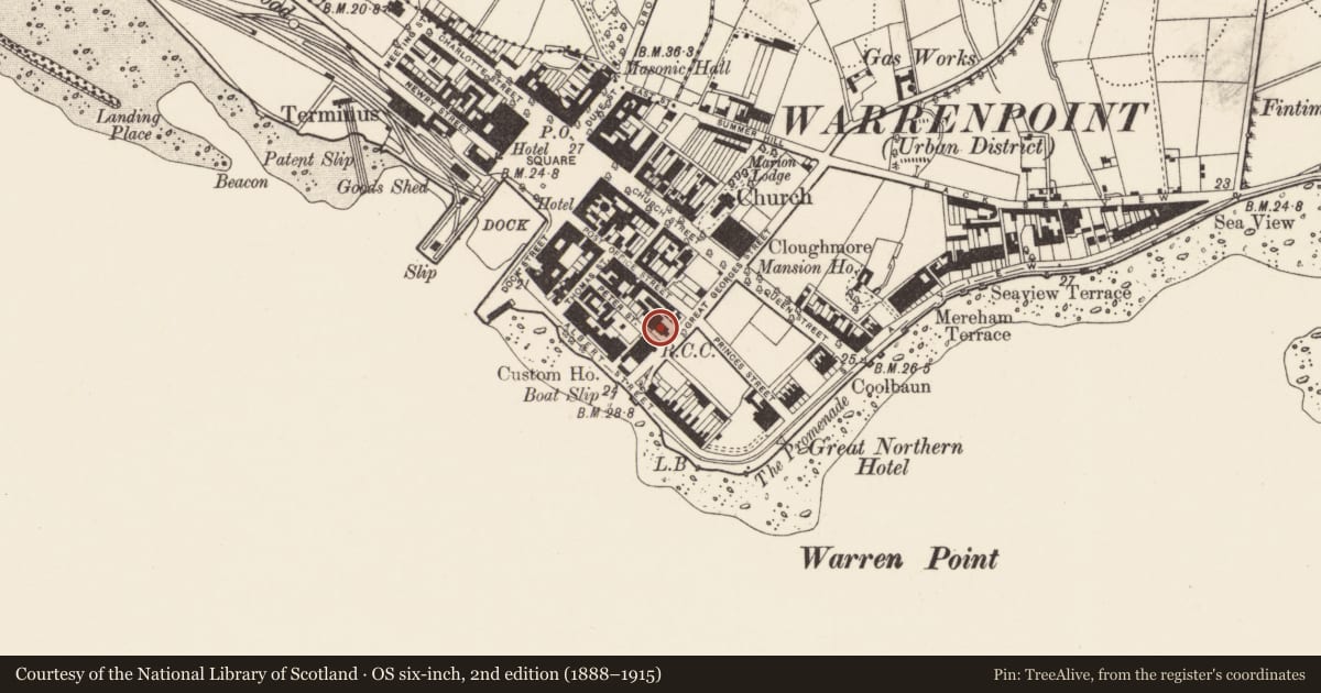 Ordnance Survey six-inch map, 2nd edition (1888–1915) covering the location of St Peter's RC Church, Ringmackilroy, Newry, Mourne and Down, with a pin at the register's coordinates