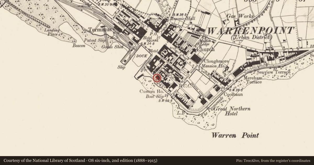 Ordnance Survey six-inch map, 2nd edition (1888–1915) covering the location of 1 Havelock Place, Ringmackilroy, Newry, Mourne and Down, with a pin at the register's coordinates