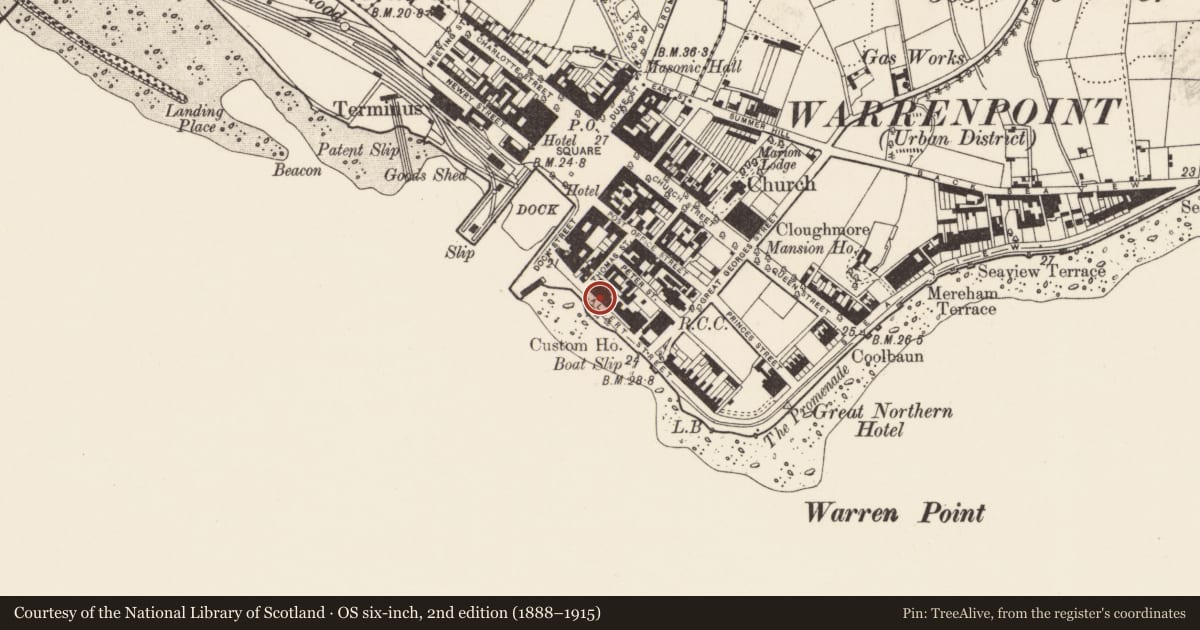 Ordnance Survey six-inch map, 2nd edition (1888–1915) covering the location of 2 Havelock Place, Ringmackilroy, Newry, Mourne and Down, with a pin at the register's coordinates