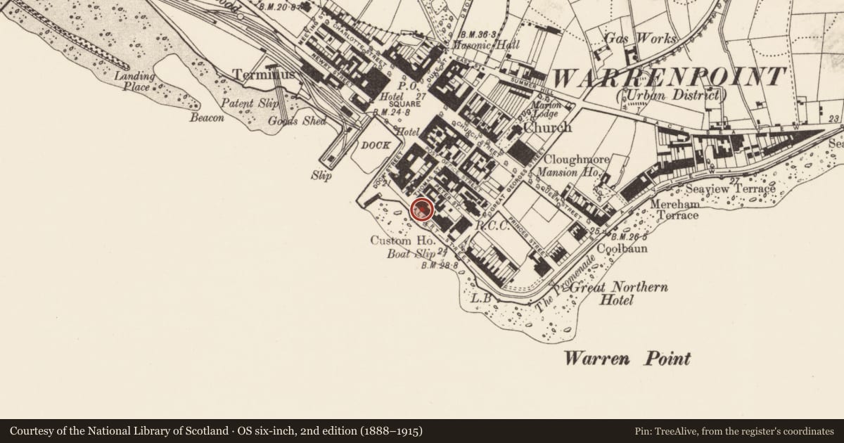 Ordnance Survey six-inch map, 2nd edition (1888–1915) covering the location of 3 Havelock Place, Ringmackilroy, Newry, Mourne and Down, with a pin at the register's coordinates