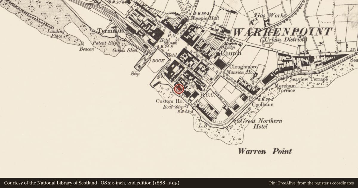 Ordnance Survey six-inch map, 2nd edition (1888–1915) covering the location of 4 Havelock Place, Ringmackilroy, Newry, Mourne and Down, with a pin at the register's coordinates