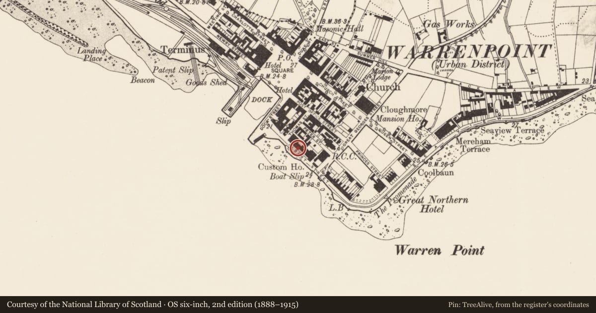 Ordnance Survey six-inch map, 2nd edition (1888–1915) covering the location of 5 Havelock Place, Ringmackilroy, Newry, Mourne and Down, with a pin at the register's coordinates