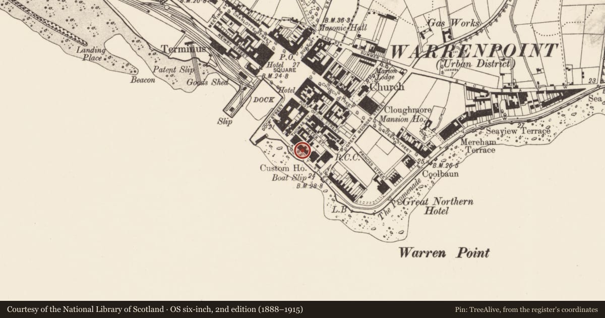 Ordnance Survey six-inch map, 2nd edition (1888–1915) covering the location of 6 Havelock Place, Ringmackilroy, Newry, Mourne and Down, with a pin at the register's coordinates