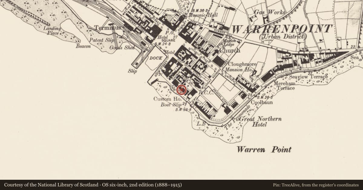 Ordnance Survey six-inch map, 2nd edition (1888–1915) covering the location of 8 Havelock Place, Ringmackilroy, Newry, Mourne and Down, with a pin at the register's coordinates