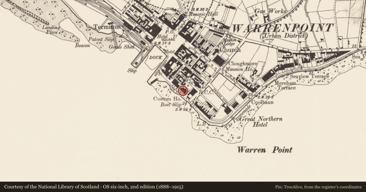 Ordnance Survey six-inch map, 2nd edition (1888–1915) covering the location of 9 Havelock Place, Ringmacilroy, Newry, Mourne and Down, with a pin at the register's coordinates
