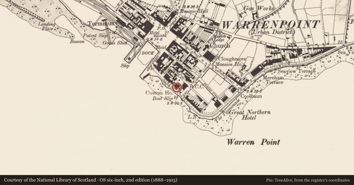 Ordnance Survey six-inch map, 2nd edition (1888–1915) covering the location of 11 Havelock Place, Ringmackilroy, Newry, Mourne and Down, with a pin at the register's coordinates