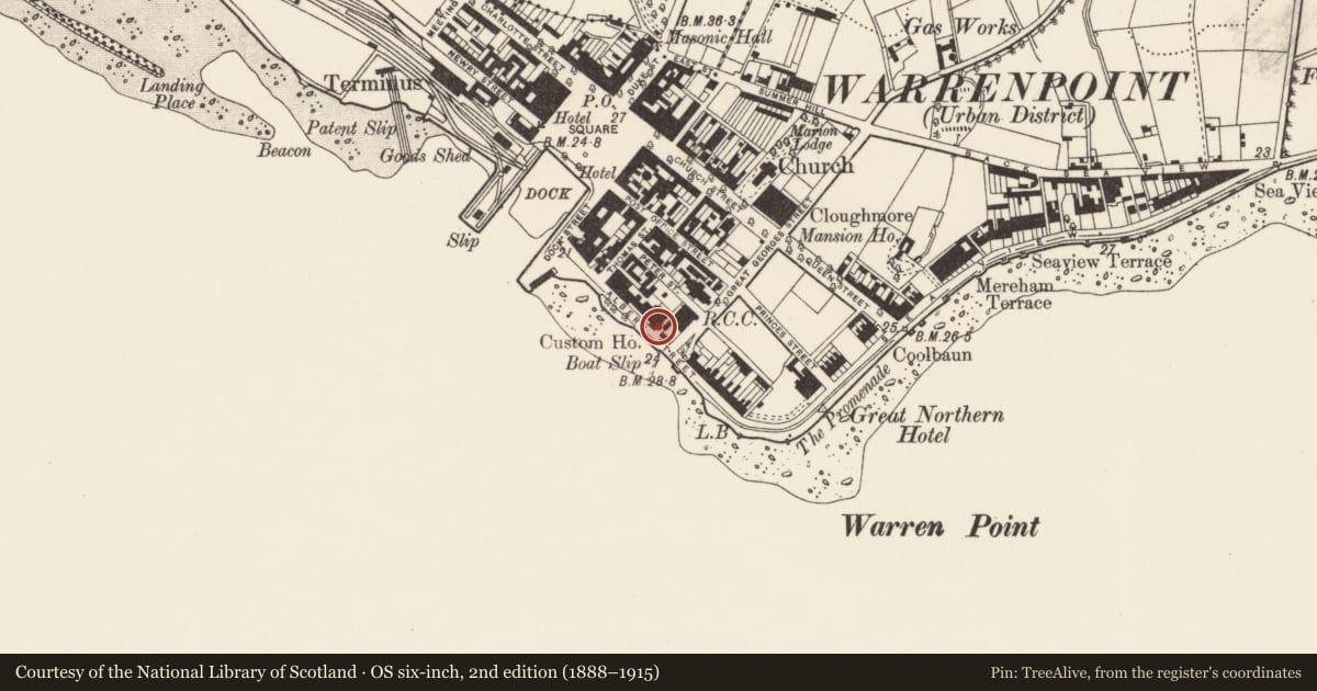 Ordnance Survey six-inch map, 2nd edition (1888–1915) covering the location of 12 Havelock Place, Ringmackilroy, Newry, Mourne and Down, with a pin at the register's coordinates
