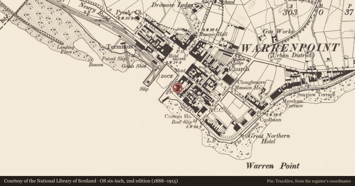 Ordnance Survey six-inch map, 2nd edition (1888–1915) covering the location of Osbourne Hotel, Ringmackilroy, Newry, Mourne and Down, with a pin at the register's coordinates