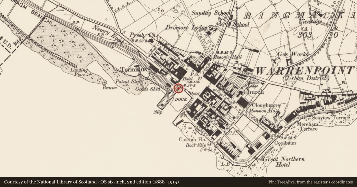 Ordnance Survey six-inch map, 2nd edition (1888–1915) covering the location of Former Harbour Office, Ringmackilroy, Newry, Mourne and Down, with a pin at the register's coordinates