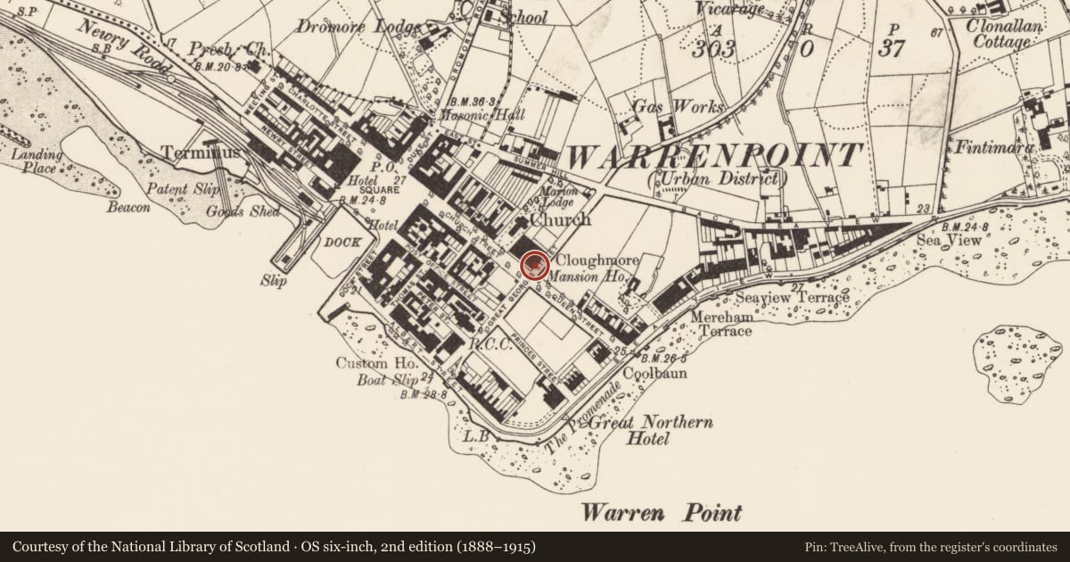 Ordnance Survey six-inch map, 2nd edition (1888–1915) covering the location of 7 Cloughmore Terrace, Ringmackilroy, Newry, Mourne and Down, with a pin at the register's coordinates