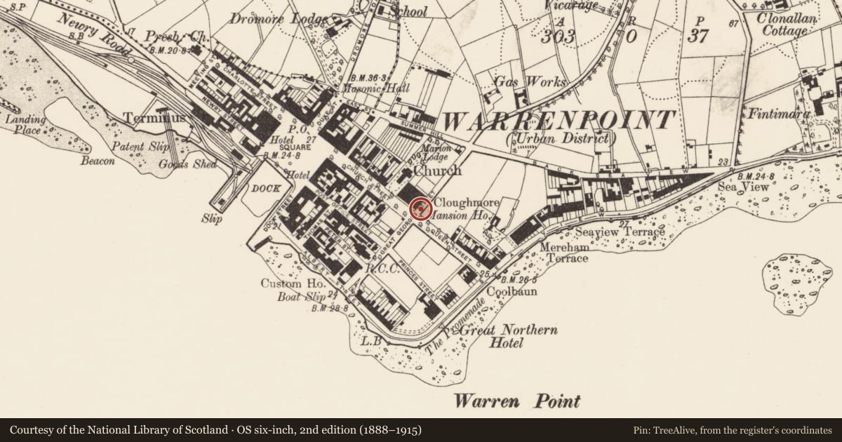 Ordnance Survey six-inch map, 2nd edition (1888–1915) covering the location of 8 Cloughmore Terrace, Ringmackilroy, Newry, Mourne and Down, with a pin at the register's coordinates