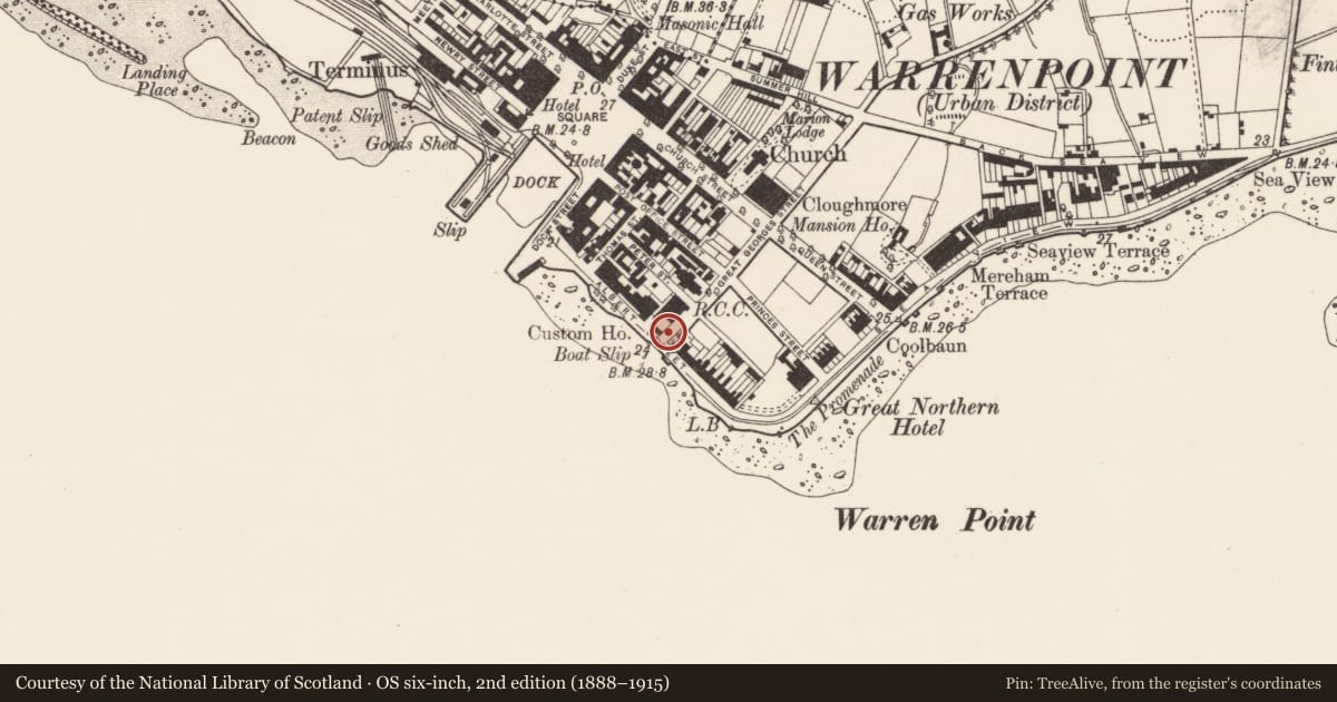 Ordnance Survey six-inch map, 2nd edition (1888–1915) covering the location of 2 Great George's Street, Ringmackilroy, Newry, Mourne and Down, with a pin at the register's coordinates