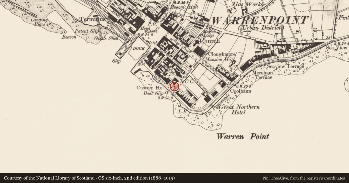 Ordnance Survey six-inch map, 2nd edition (1888–1915) covering the location of 4 Great George's Street, Ringmackilroy, Newry, Mourne and Down, with a pin at the register's coordinates