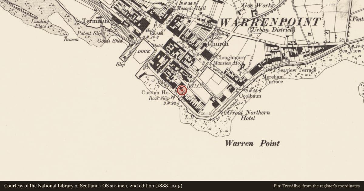 Ordnance Survey six-inch map, 2nd edition (1888–1915) covering the location of 6 Great George's Street, Ringmackilroy, Newry, Mourne and Down, with a pin at the register's coordinates