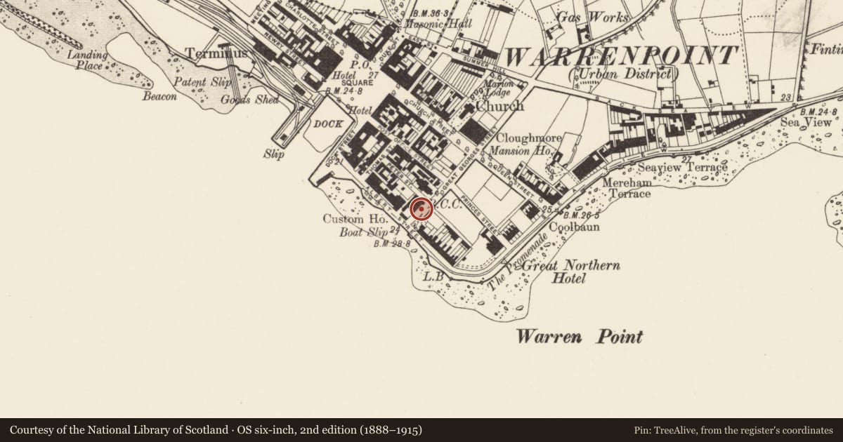 Ordnance Survey six-inch map, 2nd edition (1888–1915) covering the location of 10 Great George's Street, Ringmackilroy, Newry, Mourne and Down, with a pin at the register's coordinates