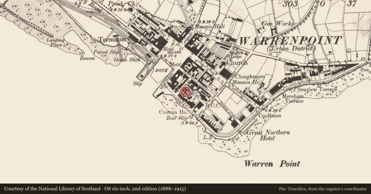 Ordnance Survey six-inch map, 2nd edition (1888–1915) covering the location of 14-20 Thomas Street, Ringmackilroy, Newry, Mourne and Down, with a pin at the register's coordinates