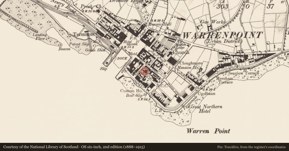 Ordnance Survey six-inch map, 2nd edition (1888–1915) covering the location of Technical School, Ringmackilroy, Newry, Mourne and Down, with a pin at the register's coordinates