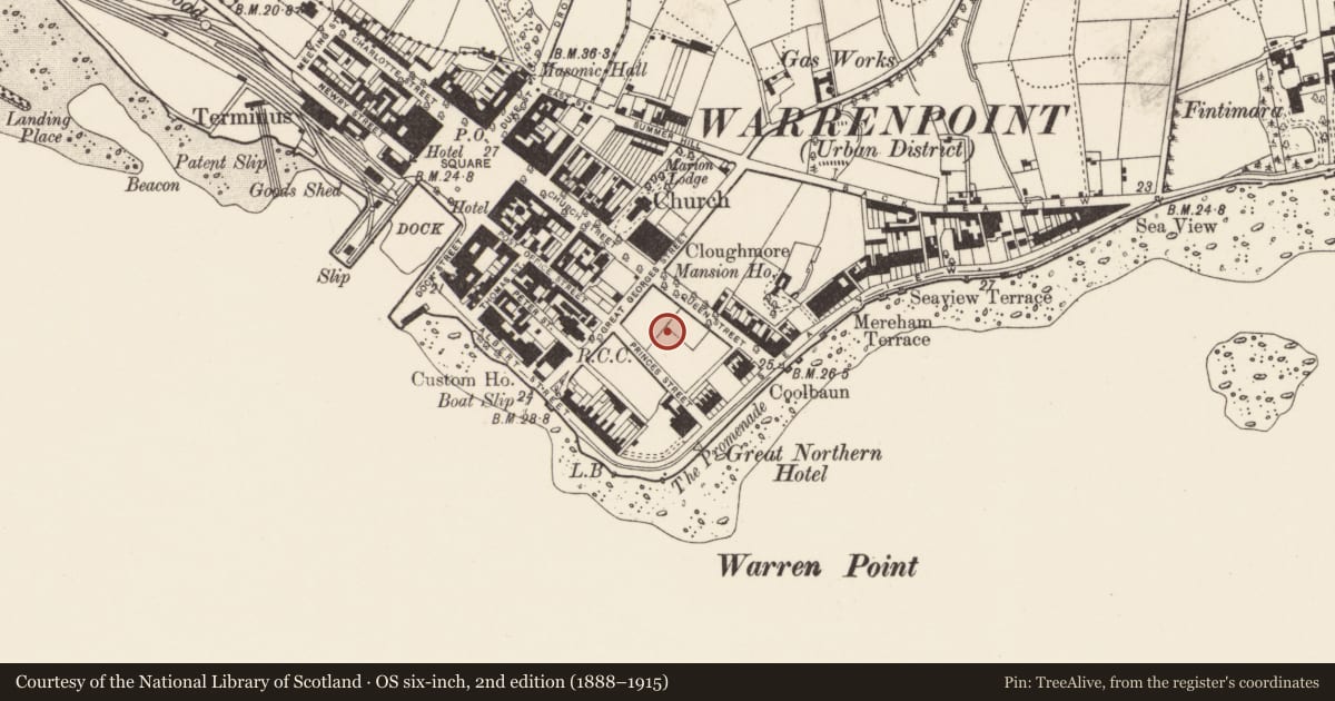 Ordnance Survey six-inch map, 2nd edition (1888–1915) covering the location of Band Stand in the Town Park, Ringmackilroy, Newry, Mourne and Down, with a pin at the register's coordinates