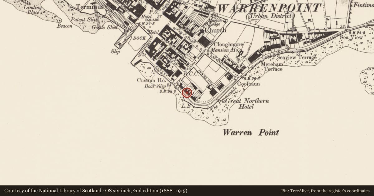 Ordnance Survey six-inch map, 2nd edition (1888–1915) covering the location of 8 Osborne Promenade, Ringmackilroy, Newry, Mourne and Down, with a pin at the register's coordinates