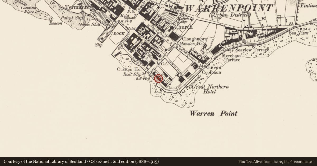 Ordnance Survey six-inch map, 2nd edition (1888–1915) covering the location of 9 Osborne Promenade, Ringmackilroy, Newry, Mourne and Down, with a pin at the register's coordinates