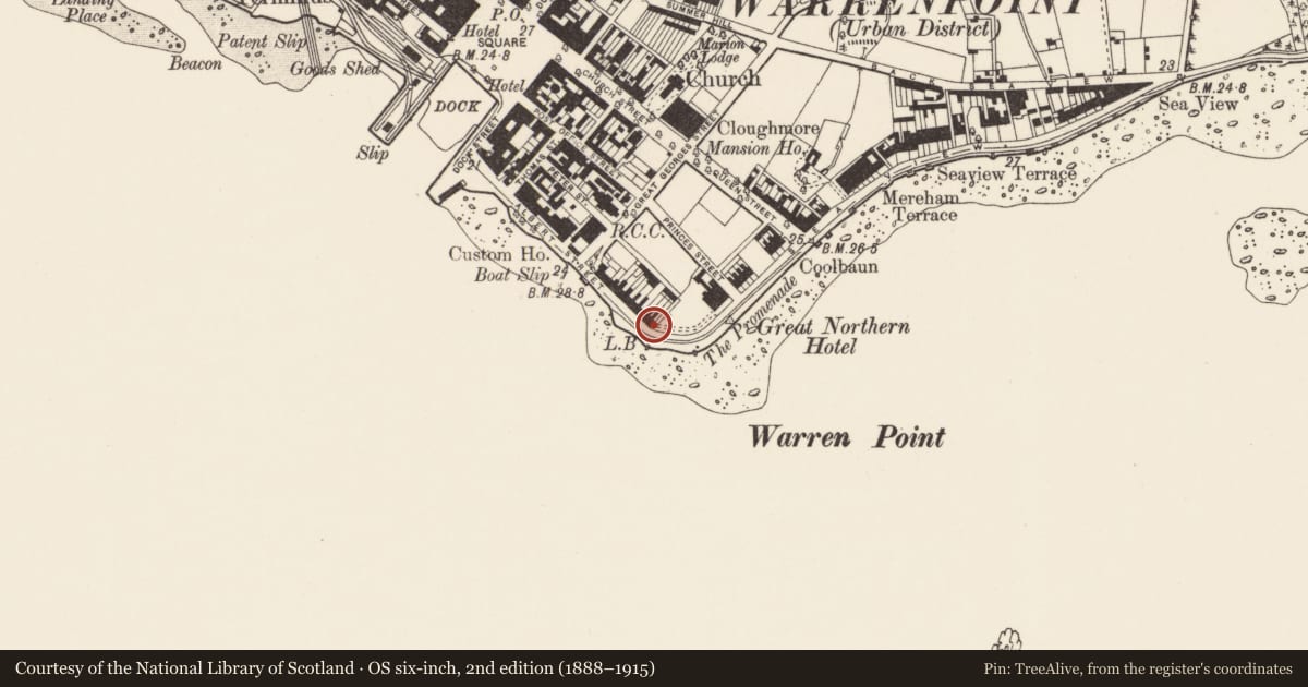 Ordnance Survey six-inch map, 2nd edition (1888–1915) covering the location of 2 Osborne Promenade, Ringmackilroy, Newry, Mourne and Down, with a pin at the register's coordinates
