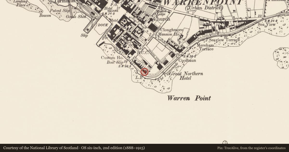 Ordnance Survey six-inch map, 2nd edition (1888–1915) covering the location of 3 Osborne Promenade, Ringmackilroy, Newry, Mourne and Down, with a pin at the register's coordinates