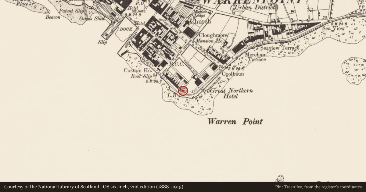 Ordnance Survey six-inch map, 2nd edition (1888–1915) covering the location of 1 Osborne Promenade, Ringmackilroy, Newry, Mourne and Down, with a pin at the register's coordinates