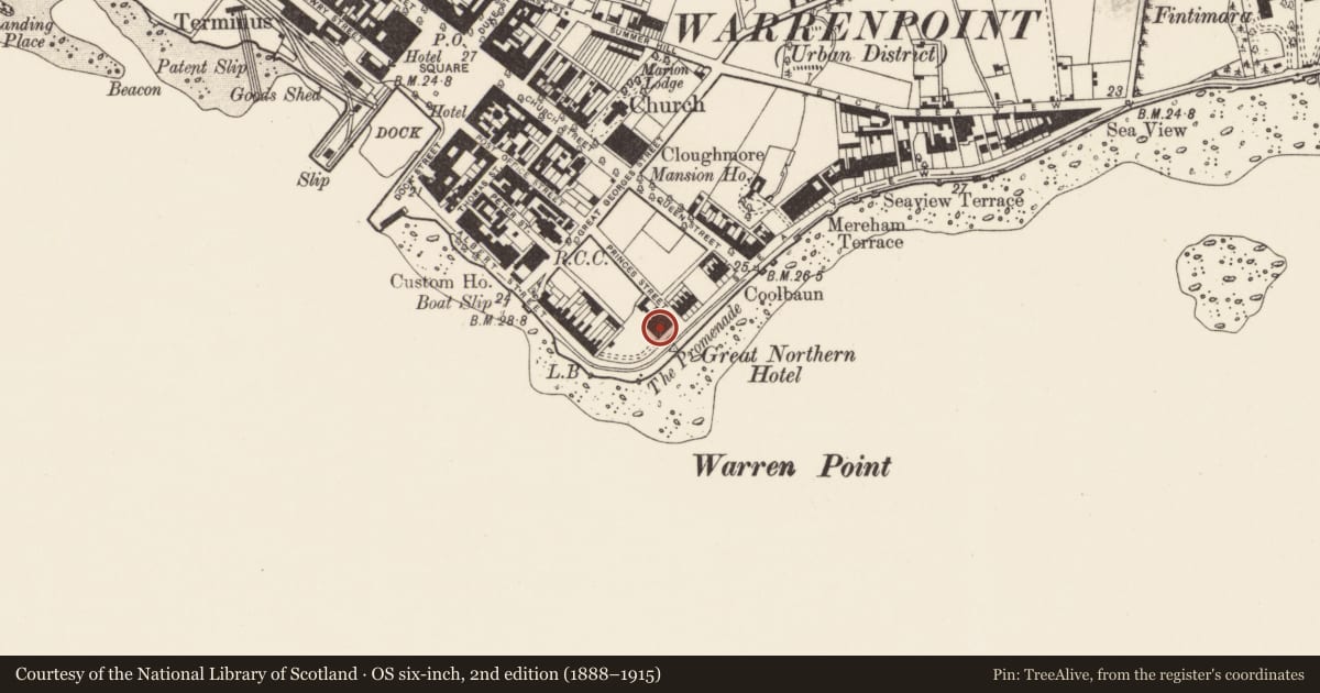 Ordnance Survey six-inch map, 2nd edition (1888–1915) covering the location of St Joseph's Home, Ringmackilroy, Newry, Mourne and Down, with a pin at the register's coordinates