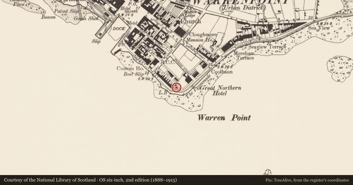 Ordnance Survey six-inch map, 2nd edition (1888–1915) covering the location of Garden Shelter, Ringmackilroy, Newry, Mourne and Down, with a pin at the register's coordinates