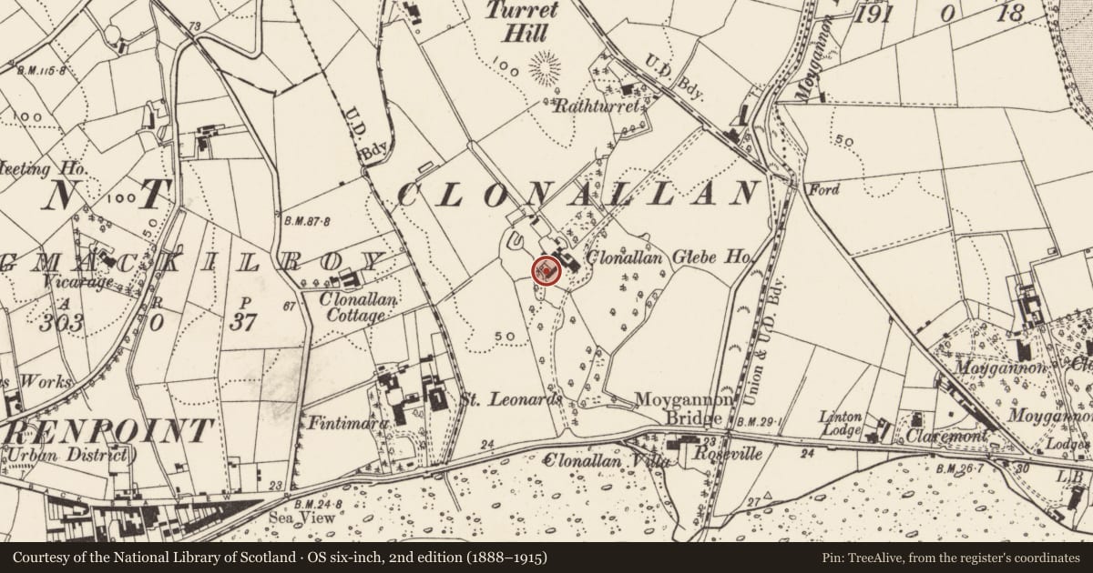 Ordnance Survey six-inch map, 2nd edition (1888–1915) covering the location of Church, Clonallan Glebe, Newry, Mourne and Down, with a pin at the register's coordinates